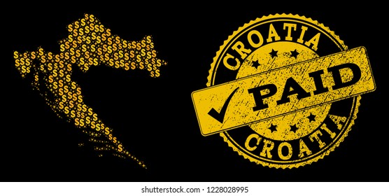 Golden collage of dollar mosaic map of Croatia and paid rubber seal. Vector imprint with corroded rubber texture and PAID message.