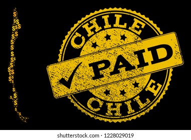 Golden collage of dollar mosaic map of Chile and paid textured seal. Vector seal with corroded rubber texture and PAID message. Mosaic map of Chile designed with golden dollars on a black background.