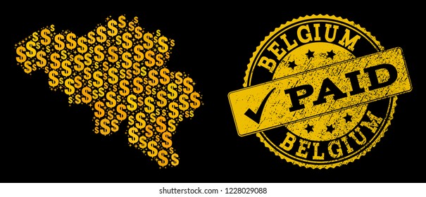 Golden collage of dollar mosaic map of Belgium and paid grunge seal. Vector seal with grunge rubber texture and PAID caption. Mosaic map of Belgium designed with gold dollars on a black background.
