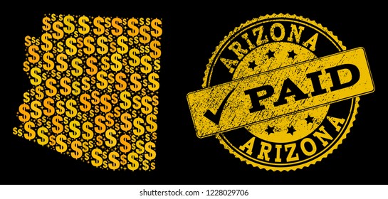 Golden collage of dollar mosaic map of Arizona State and paid grunge seal stamp. Vector imprint with grunge rubber texture and PAID text.