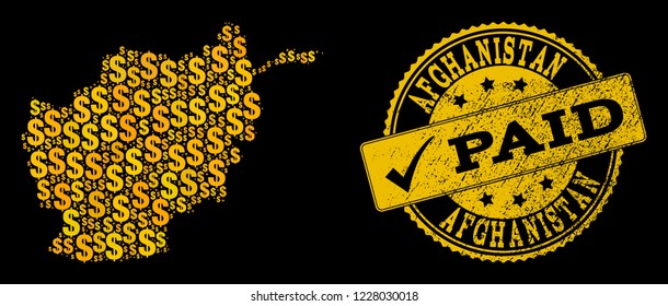 Golden collage of dollar mosaic map of Afghanistan and paid corroded seal stamp. Vector seal with grunge rubber texture and PAID text.