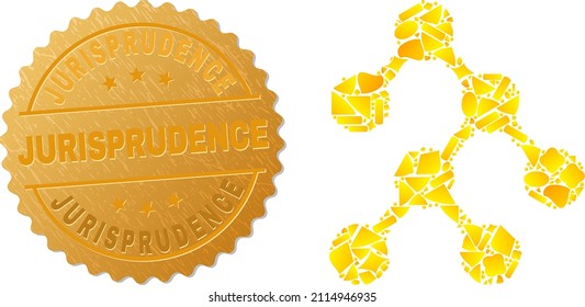 Golden collage of yellow for binary tree icon, and golden metallic Jurisprudence seal imitation. Binary tree icon collage is composed from random golden items.