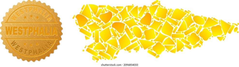 Golden collage of yellow elements for Asturias Province map, and gold metallic Westphalia stamp. Asturias Province map collage is made from random gold elements.