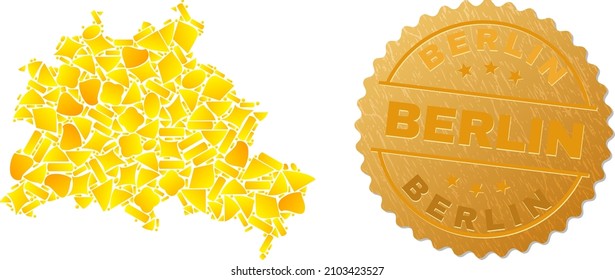Collage dorado de elementos amarillos para el mapa de la ciudad de Berlín y sello metálico dorado de Berlín. El collage de mapas de la ciudad de Berlín está compuesto por partículas de oro dispersas.