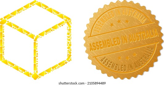 Golden collage of yellow elements for cubic icon, and gold metallic Assembled in Australia seal imitation. Cubic icon collage is formed of randomized gold particles.