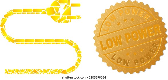 Golden collage of yellow elements for electric cord icon, and golden metallic Low Power stamp seal. Electric cord icon collage is done with scattered gold spots.
