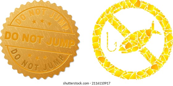 Golden collage of yellow elements for forbidden fishing icon, and golden metallic Do Not Jump stamp. Forbidden fishing icon collage is done with scattered gold parts.