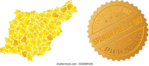 Golden collage of yellow elements for Gipuzkoa Province map, and golden metallic Spanish Paella Day seal. Gipuzkoa Province map mosaic is composed of scattered gold elements.