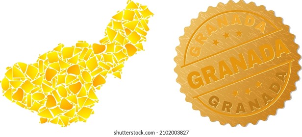 Golden collage of yellow elements for Granada Province map, and gold metallic Granada stamp. Granada Province map composition is made from randomized golden elements.