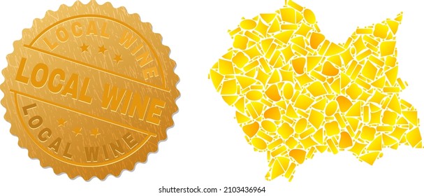 Golden collage of yellow elements for Lesser Poland Voivodeship map, and gold metallic Local Wine stamp. Lesser Poland Voivodeship map collage is designed from randomized gold elements.