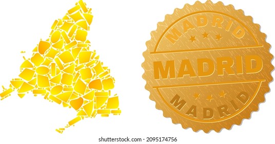 Golden collage of yellow elements for Madrid Province map, and gold metallic Madrid stamp. Madrid Province map mosaic is formed of random golden.