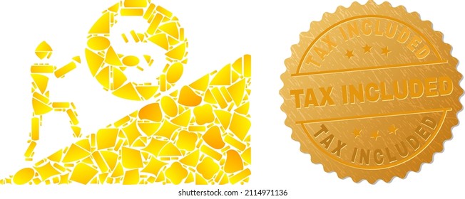 Golden collage of yellow elements for man rolling dollar up icon, and golden metallic Tax Included stamp seal. Man rolling dollar up icon collage is done of scattered golden particles.
