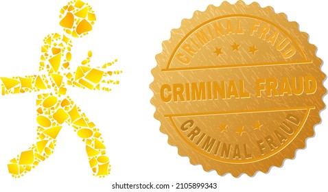 Goldene Collage gelber Elemente für Maneken Handraubensymbol und goldenes metallisches Kriminalitätssiegel. Die Maneken Hand Räuber Symbol Collage ist aus verstreuten goldenen Elementen entworfen.