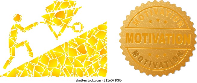 Golden collage of yellow elements for move up wheelbarrow icon, and golden metallic Motivation badge. Move up wheelbarrow icon mosaic is composed from scattered gold parts.
