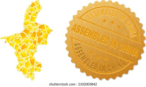 Golden collage of yellow elements for Ningxia Hui Region map, and golden metallic Assembled in China seal. Ningxia Hui Region map collage is designed with randomized gold items.