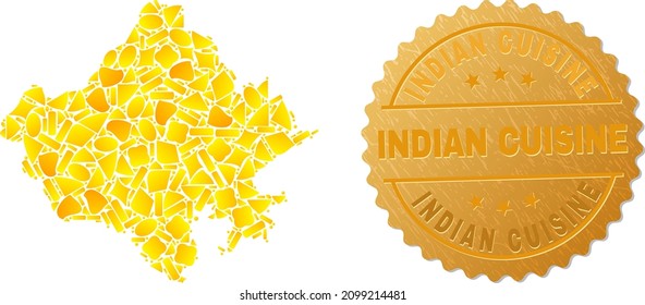 Collage dorado de elementos amarillos para el mapa del estado de Rajastán, y sello dorado metálico de la cocina india. El collage de mapas del estado de Rajastán se crea con partículas doradas aleatorias.