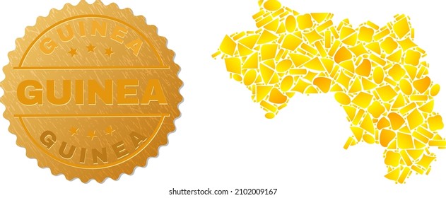 Collage dorado de elementos amarillos para el mapa de la República de Guinea y sello metálico dorado de Guinea. El mosaico cartográfico de la República de Guinea está construido con partículas doradas al azar.