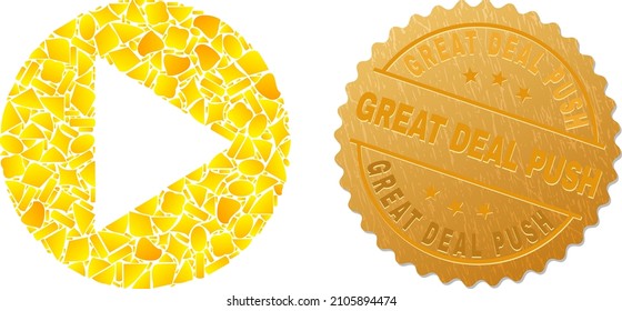 Golden Collage Of Yellow Elements For Round Play Button Icon, And Golden Metallic Great Deal Push Stamp Seal. Round Play Button Icon Mosaic Is Designed Of Scattered Gold Elements.