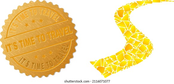 Golden collage of yellow elements for route icon, and gold metallic It'S Time to Travel seal imitation. Route icon composition is formed with randomized gold elements.