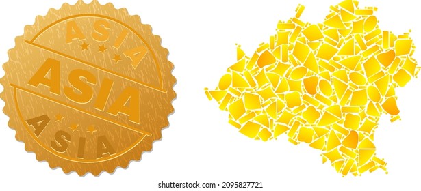 Golden collage of yellow elements for Soria Province map, and golden metallic Asia stamp seal. Soria Province map collage is done of scattered gold elements.