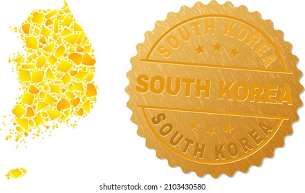 Golden collage of yellow elements for South Korea map, and golden metallic South Korea seal. South Korea map collage is composed from random golden elements.