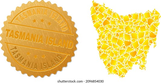 Golden collage of yellow elements for Tasmania Island map, and gold metallic Tasmania Island stamp seal. Tasmania Island map collage is made of random gold spots.