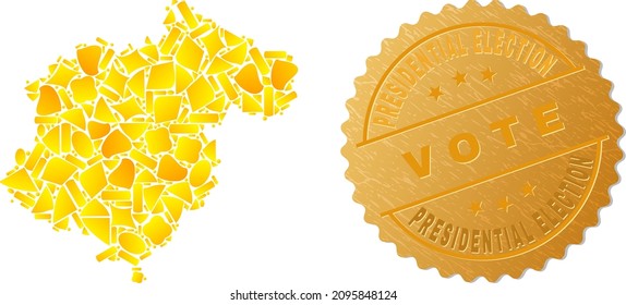 Golden collage of yellow elements for Teruel Province map, and gold metallic Presidential Election V O T E stamp seal. Teruel Province map mosaic is composed of scattered gold parts.