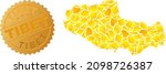 Golden collage of yellow elements for Tibet map, and gold metallic Tibet seal print. Tibet map mosaic is composed of scattered gold elements.