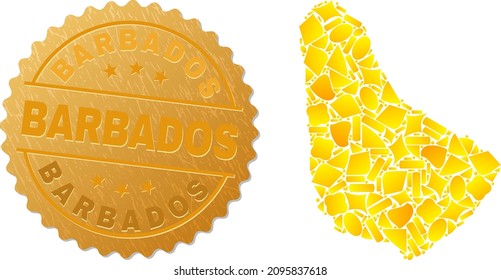 Golden collage of yellow fractions for Barbados map, and gold metallic Barbados seal. Barbados map collage is designed from scattered gold spots.