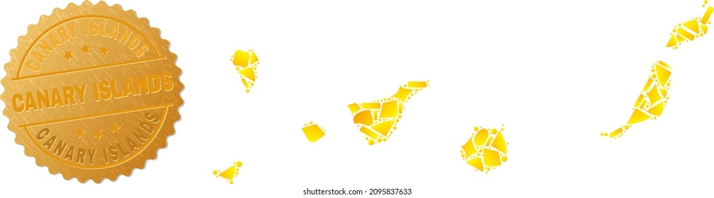 Golden collage of yellow fractions for Canary Islands map, and golden metallic Canary Islands stamp seal. Canary Islands map composition is done of random gold particles.