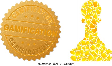 Golden collage of yellow fractions for chess pawn icon, and golden metallic Gamification stamp seal. Chess pawn icon mosaic is formed of random golden parts.