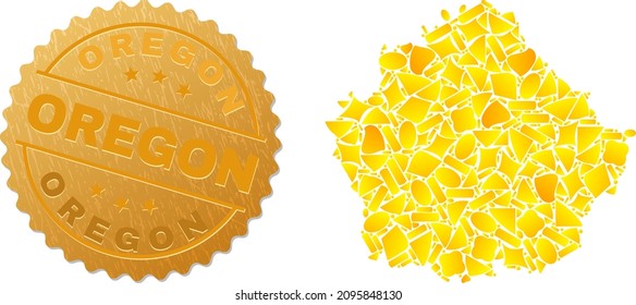 Golden collage of yellow fractions for Cuenca Province map, and gold metallic Oregon stamp seal. Cuenca Province map collage is designed from random gold parts.