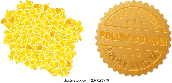 Golden collage of yellow fractions for Kuyavian-Pomeranian Voivodeship map, and golden metallic Polish Cuisine seal print.