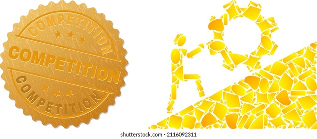 Golden collage of yellow fractions for man rolling gear up icon, and gold metallic Competition seal. Man rolling gear up icon collage is constructed with randomized golden elements.