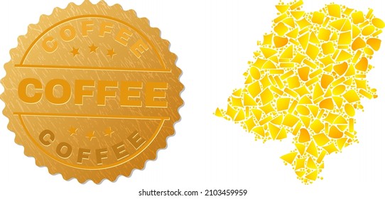 Golden collage of yellow fractions for Opole Voivodeship map, and golden metallic Coffee seal print. Opole Voivodeship map collage is constructed with scattered golden particles.