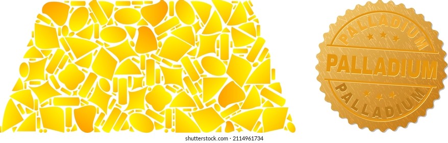 Golden collage of yellow fractions for trapezoid icon, and golden metallic Palladium stamp seal. Trapezoid icon collage is created from scattered gold parts.