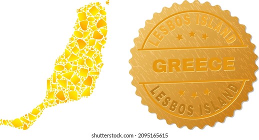 Golden collage of yellow for Fuerteventura Island map, and golden metallic Lesbos Island Greece seal. Fuerteventura Island map collage is designed of scattered gold items.