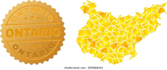 Golden collage of yellow items for Badajoz Province map, and gold metallic Ontario stamp seal. Badajoz Province map mosaic is composed with randomized gold items.