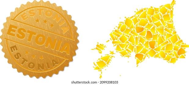 Collage dorado de objetos amarillos para el mapa de Estonia y imitación de sellos metálicos de oro de Estonia. El collage de mapas de Estonia se crea a partir de objetos dorados al azar.