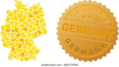 Golden collage of yellow items for Germany map, and gold metallic Germany seal. Germany map composition is made of randomized golden elements.