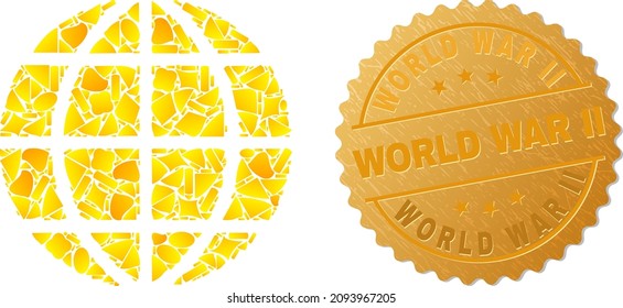 Golden collage of yellow items for globe icon, and golden metallic World War Ii stamp. Globe icon collage is created with scattered golden spots.