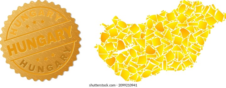 Collage dorado de objetos amarillos para el mapa de Hungría y sello metálico de oro de Hungría. El collage de mapas de Hungría se construye con puntos de oro aleatorios.