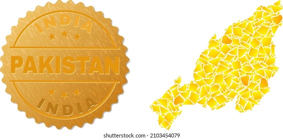 Golden collage of yellow items for Nagaland State map, and golden metallic India Pakistan seal imitation. Nagaland State map composition is formed of randomized golden particles.