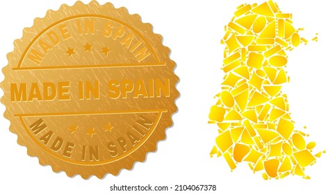 Golden collage of yellow items for Palencia Province map, and golden metallic Made in Spain seal. Palencia Province map collage is designed of random gold spots.