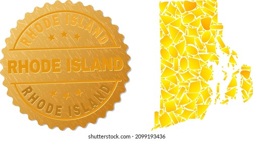 Golden collage of yellow items for Rhode Island State map, and gold metallic Rhode Island stamp. Rhode Island State map collage is done with scattered gold items.