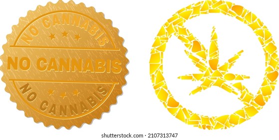 Collage dorado de artículos amarillos para detener el icono del cannabis y medalla metálica de oro No a la cannabis. El mosaico de iconos de cannabis alto se construye a partir de objetos de oro aleatorios.
