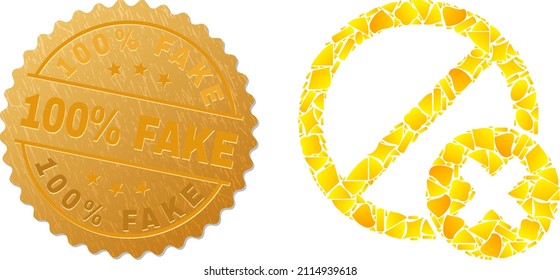 Goldene Collage von gelben Gegenständen für falsches Stornierungssymbol und goldener metallischer 100-prozentiger Fake-Stempel. Ein falsches Symbol-Mosaik zum Abbrechen besteht aus willkürlichen goldenen Elementen.