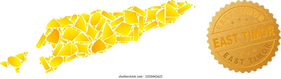 Golden collage of yellow particles for East Timor map, and golden metallic East Timor seal imitation. East Timor map collage is designed of random gold particles.