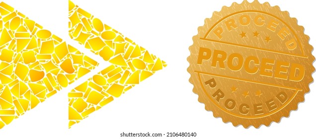 Golden collage of yellow particles for fast forward icon, and gold metallic Proceed stamp. Fast forward icon collage is organized of randomized golden particles.