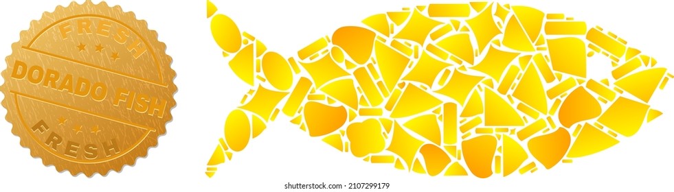 Golden collage of yellow particles for fish icon, and gold metallic Fresh Dorado Fish watermark. Fish icon collage is made of randomized golden particles.